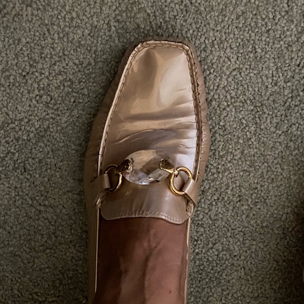 Gold patent leather mules